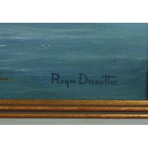 916 - Roger Desoutter - Oil onto canvas, clipper at sea just off the coast, inscribed No.576.13-8-92 verso... 