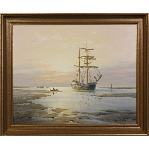 917 - Roger Desoutter - Oil onto canvas, fishermen and moored boats, inscribed No.5787-9-92 verso, framed,... 