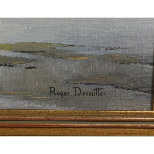 917 - Roger Desoutter - Oil onto canvas, fishermen and moored boats, inscribed No.5787-9-92 verso, framed,... 