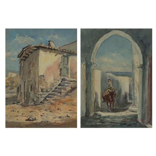 1031 - Pair of continental watercolours, one of a boy on donkey back, the other of an out building, both in... 