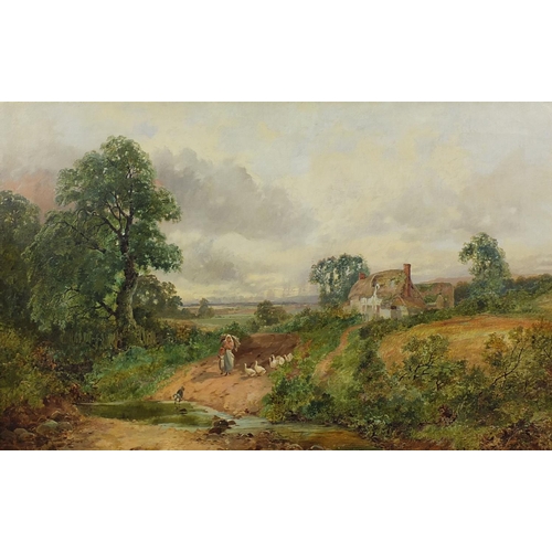 900 - James Edwin Meadows - 19th century oil onto canvas, figures in a country landscape with a stream, or... 