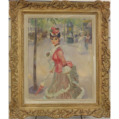 1009 - John Strevens - Oil onto canvas, lady holding a parasol in a street, inscribed verso, mounted and or... 