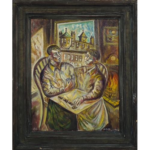 1024 - Hugh Byars - Oil onto canvas, two abstract figures in an interior playing dominoes, framed, 49cm x 3... 