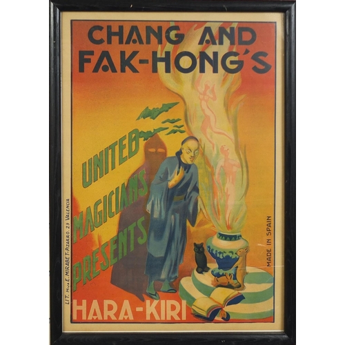 174 - Vintage Spanish linen backed magician poster, Chang and Fak-Hong's United Magicians presents Hara-Ki... 