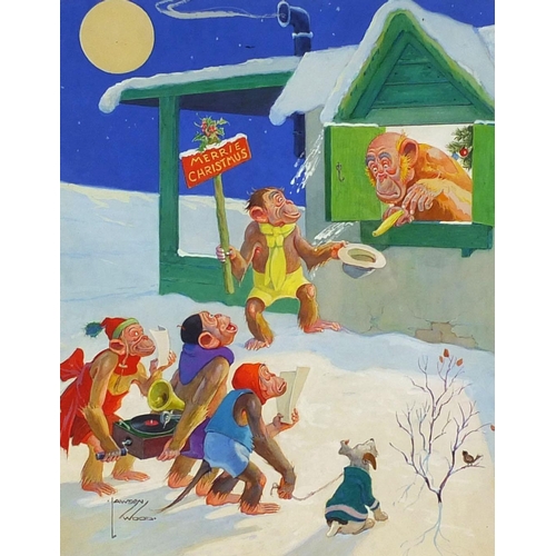 913 - Lawson Wood - Comical watercolour and gouache, old grandpa with children at Christmas, mounted and g... 