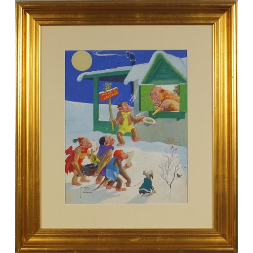 913 - Lawson Wood - Comical watercolour and gouache, old grandpa with children at Christmas, mounted and g... 