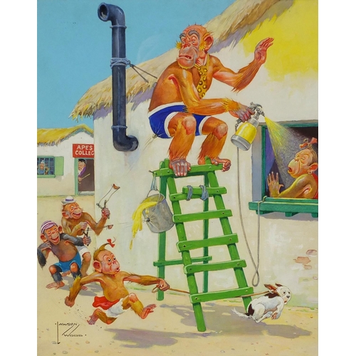 912 - Lawson Wood - Comical watercolour and gouache, old grandpa on a ladder painting, mounted and gilt fr... 