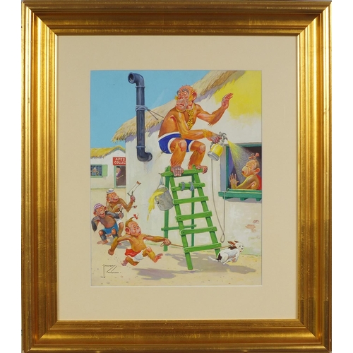 912 - Lawson Wood - Comical watercolour and gouache, old grandpa on a ladder painting, mounted and gilt fr... 