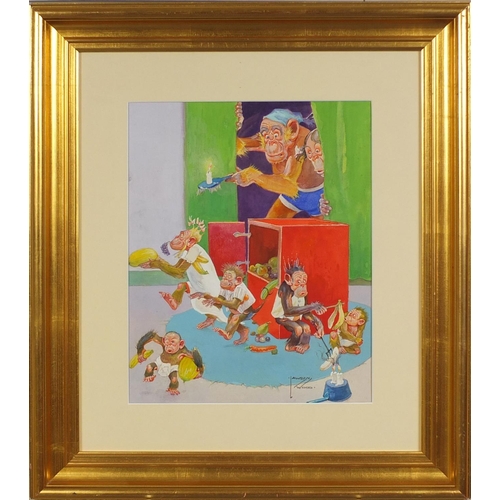 911 - Lawson Wood - Comical watercolour and gouache, old grandpa walking in on babies playing with fruit, ... 