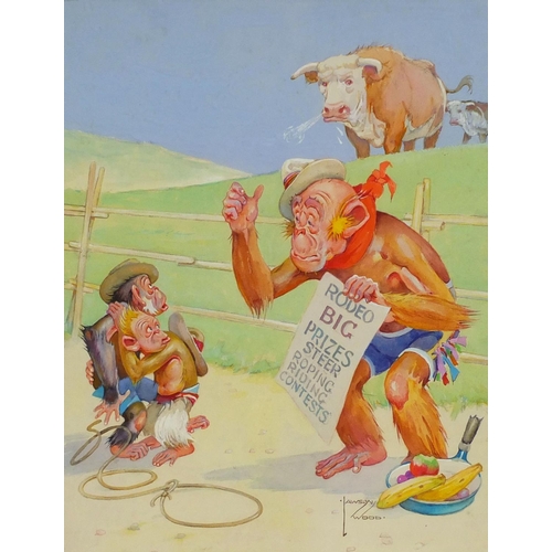 914 - Lawson Wood - Comical watercolour and gouache, old grandpa holding a rodeo poster, mounted and gilt ... 