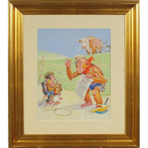 914 - Lawson Wood - Comical watercolour and gouache, old grandpa holding a rodeo poster, mounted and gilt ... 