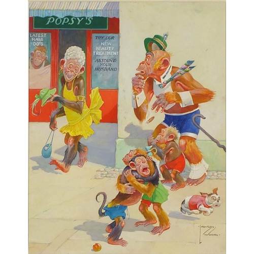 910 - Lawson Wood - Comical watercolour and gouache, peeping old grandpa outside of Popsy's, mounted and g... 