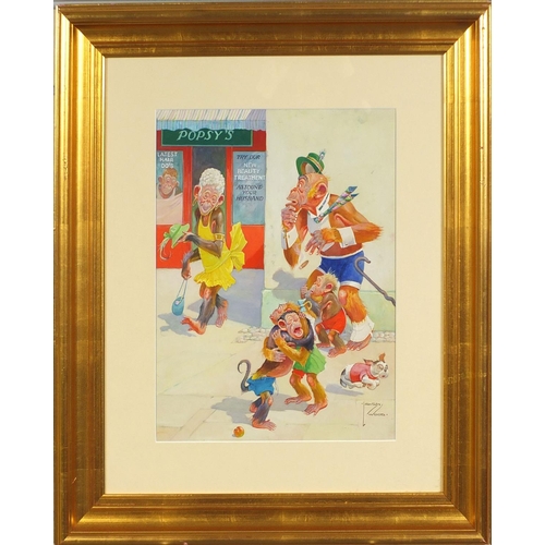 910 - Lawson Wood - Comical watercolour and gouache, peeping old grandpa outside of Popsy's, mounted and g... 