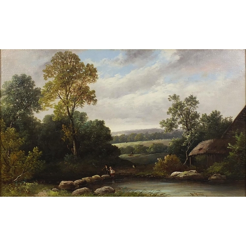 1001 - W Yates - 19th century oil onto canvas, The Stepping Stones, ornately gilt framed, 50cm x 30cm exclu... 