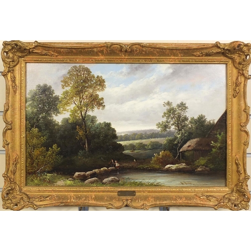 1001 - W Yates - 19th century oil onto canvas, The Stepping Stones, ornately gilt framed, 50cm x 30cm exclu... 