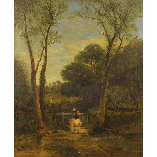1035 - 19th century oil onto canvas, lady crossing a stile in on route to church, mounted and ornately gilt... 