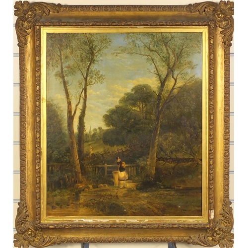 1035 - 19th century oil onto canvas, lady crossing a stile in on route to church, mounted and ornately gilt... 