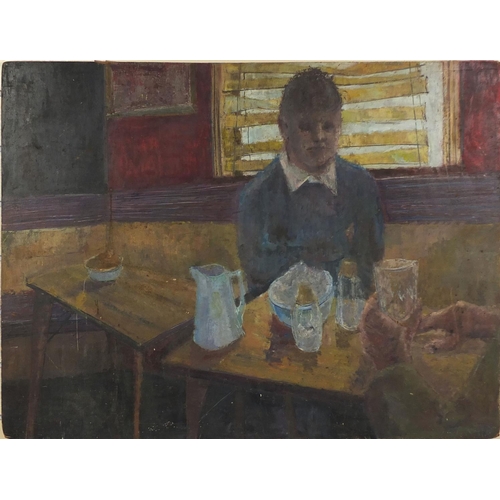 1020 - Unframed oil onto board, seated figure at a table in an interior, bearing a signature A Gates, 89cm ... 