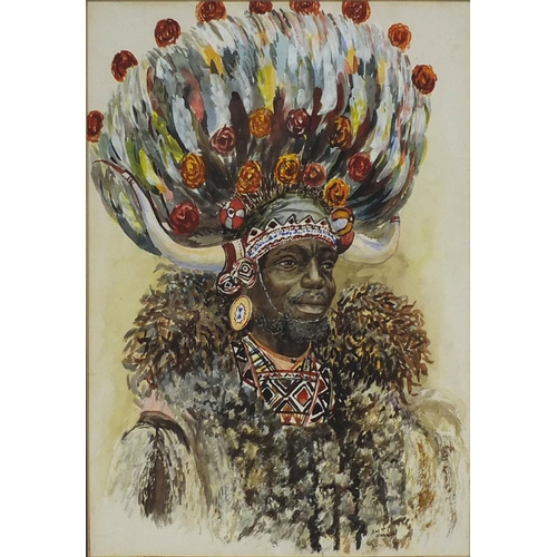 897 - Simon Mnguni - Native watercolour, head and shoulders portrait of a Zulu warrior, labels and inscrib... 