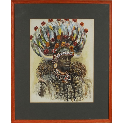 897 - Simon Mnguni - Native watercolour, head and shoulders portrait of a Zulu warrior, labels and inscrib... 