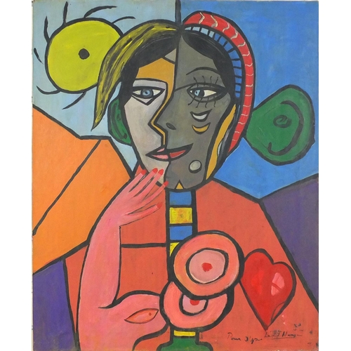 1022 - Unframed oil onto canvas abstract composition, top half portrait of D'Olga Khokhlova, bearing an ind... 