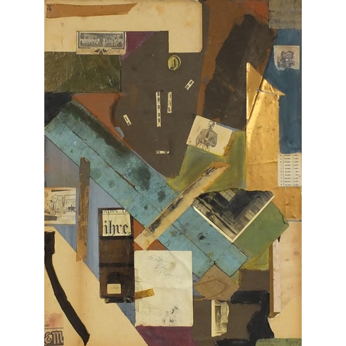 963 - Mixed media collage abstract composition, bearing a pencil signature verso, ornately gilt framed, 58... 