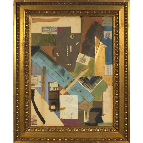 963 - Mixed media collage abstract composition, bearing a pencil signature verso, ornately gilt framed, 58... 