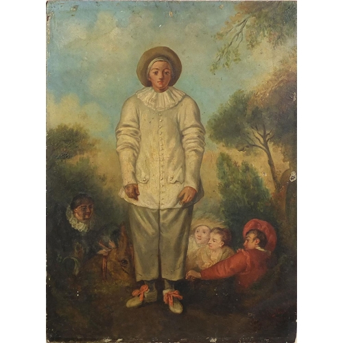 932 - After Jean-Antoine Watteau - Unframed oil onto wood panel Pierrot and four other characters of the C... 