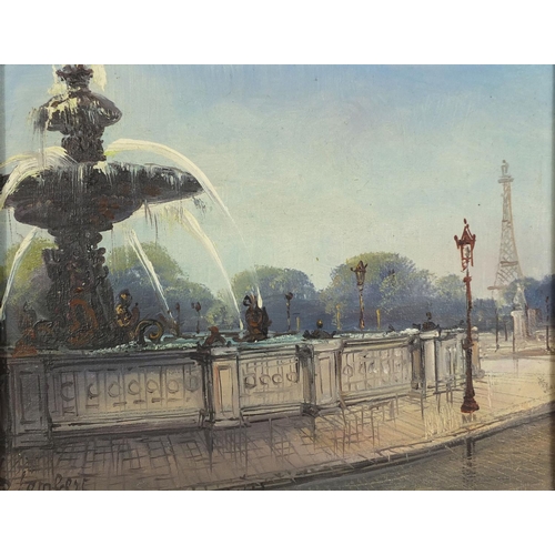 1013 - A Lambert - Oil onto canvas, water font before the Eifel Tower, label and inscribed verso, mounted a... 