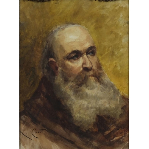 1027 - L Corot - Watercolour onto paper, portrait of a bearded gentleman, French label verso, mounted and f... 