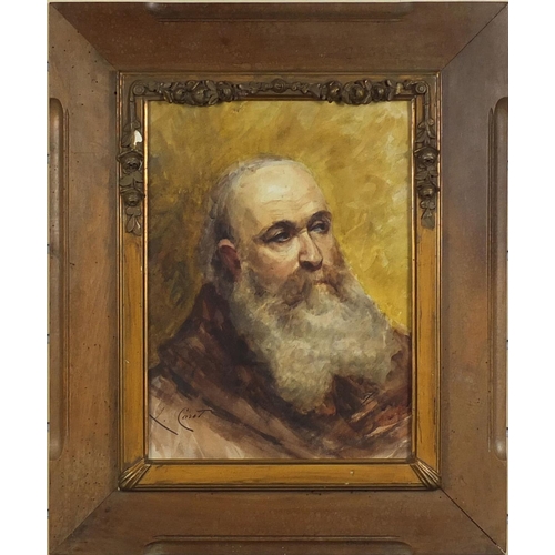 1027 - L Corot - Watercolour onto paper, portrait of a bearded gentleman, French label verso, mounted and f... 