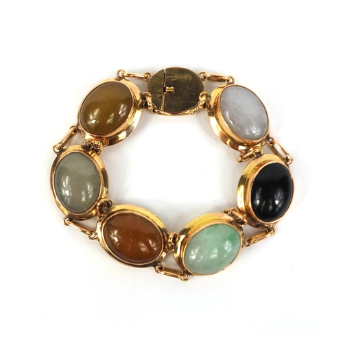 782 - 14ct gold bracelet set with six cabochon polished semi precious stones, 19cm long, approximate weigh... 