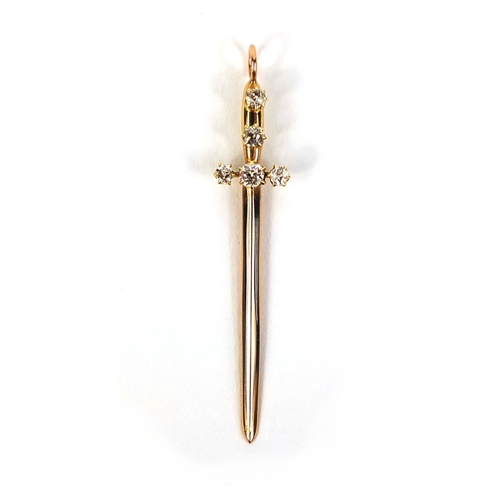 792 - Unmarked gold diamond sword pendant set with five solitaire diamonds, 5.5cm long, approximate weight... 