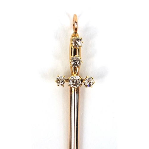 792 - Unmarked gold diamond sword pendant set with five solitaire diamonds, 5.5cm long, approximate weight... 