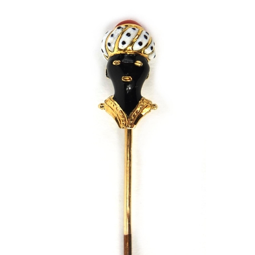 802 - 19th century French unmarked gold and enamel blackamoor bust tie pin set with a coral to his hat, 7.... 