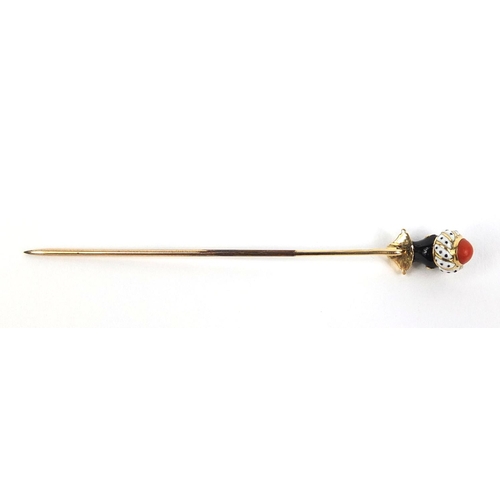 802 - 19th century French unmarked gold and enamel blackamoor bust tie pin set with a coral to his hat, 7.... 