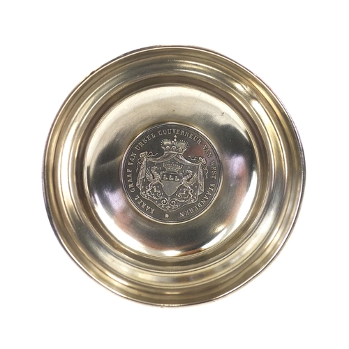 123 - Ostend horse show silver pedestal trophy with inset Charles Earl coin to the interior, the pedestal ... 