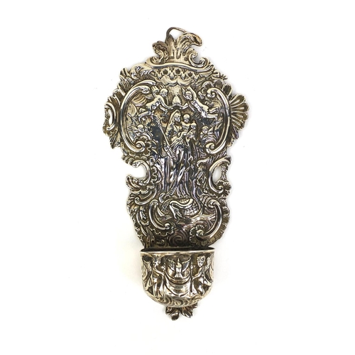 661 - Religious interest Scottish silver Holy water font embossed with religious figures, cherubs and a se... 