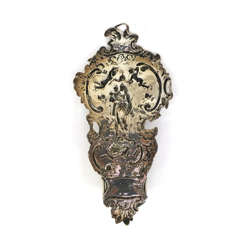 661 - Religious interest Scottish silver Holy water font embossed with religious figures, cherubs and a se... 