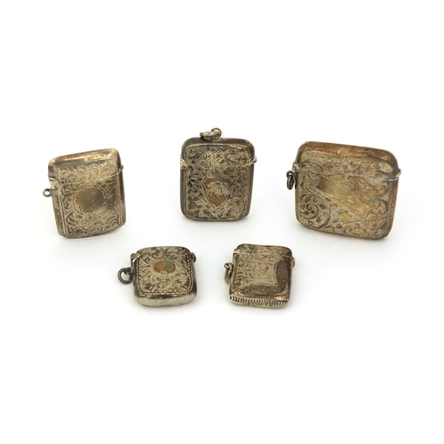 701 - Five silver vesta's with floral chased decoration, various hallmarks, the largest 5cm x 5cm, approxi... 