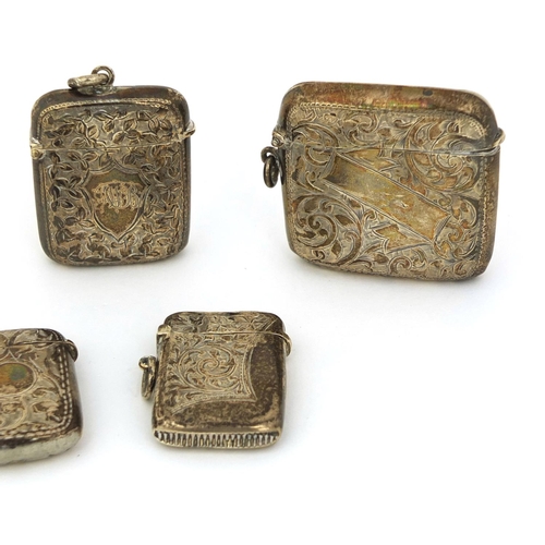 701 - Five silver vesta's with floral chased decoration, various hallmarks, the largest 5cm x 5cm, approxi... 