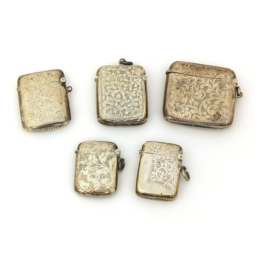 701 - Five silver vesta's with floral chased decoration, various hallmarks, the largest 5cm x 5cm, approxi... 