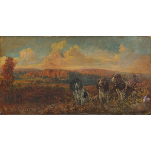 890 - Frederick Thomas Daws - Large unframed oil onto board, start of today, hunting Spaniels amongst moor... 