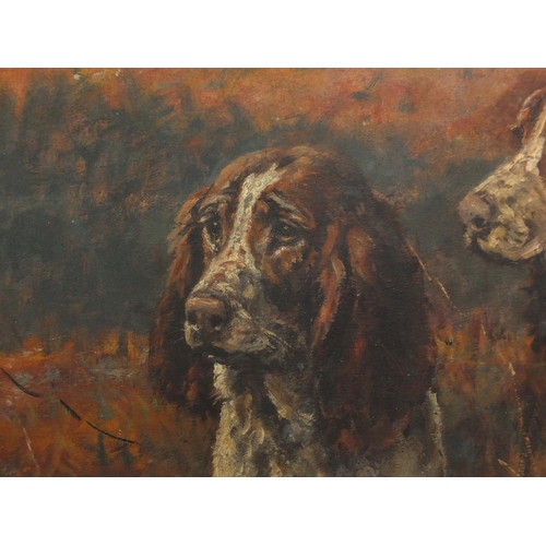 890 - Frederick Thomas Daws - Large unframed oil onto board, start of today, hunting Spaniels amongst moor... 