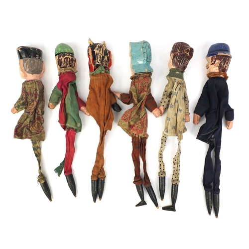 237 - Group of six 19th century hand painted wooden and cloth finger puppets including Punch, Devil and Mr... 