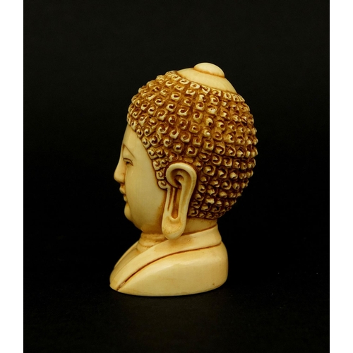 454 - Japanese carved ivory Netski in the form of a Buddha's head, inset character marks to the base, 4.3c... 