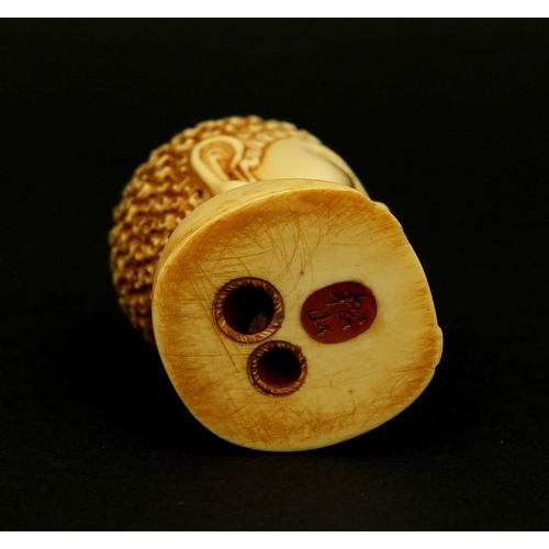 454 - Japanese carved ivory Netski in the form of a Buddha's head, inset character marks to the base, 4.3c... 