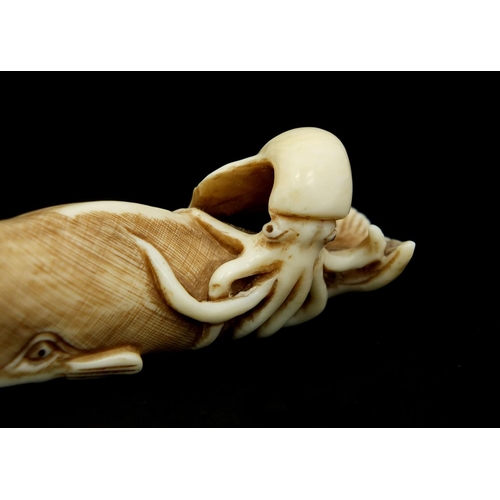 452 - Japanese carved ivory Netski in the form of an octopus on a Sperm Whale, character marks to the base... 