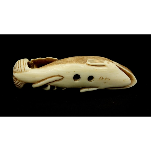 452 - Japanese carved ivory Netski in the form of an octopus on a Sperm Whale, character marks to the base... 