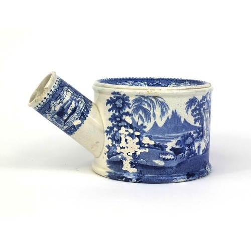 532 - 19th century blue and white pottery Spitoon of spouted cylindrical form, transfer printed with a con... 